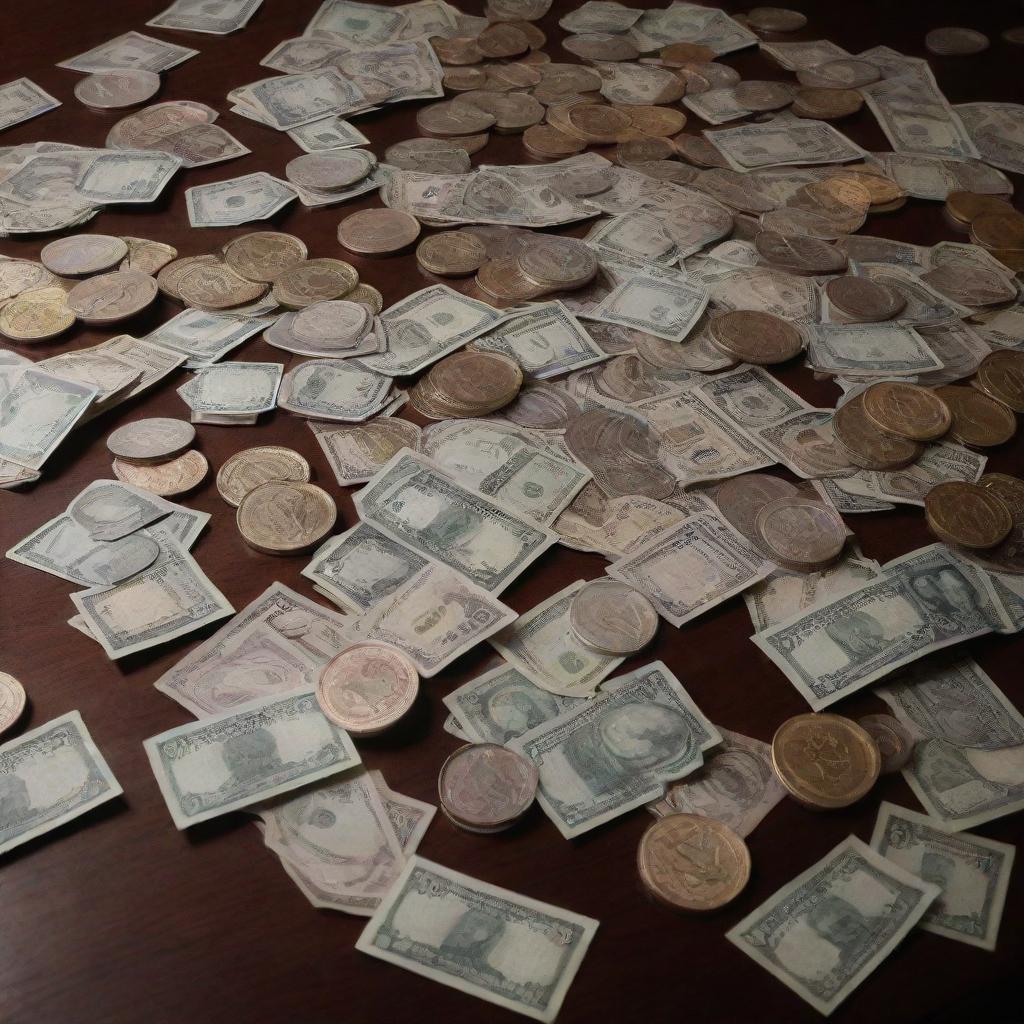 Pile of different currencies scattered across a rich mahogany table under dimmed, moody lighting