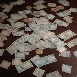 Pile of different currencies scattered across a rich mahogany table under dimmed, moody lighting