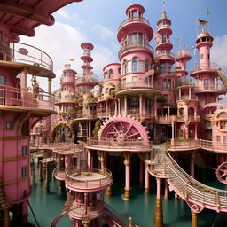 An underwater, sprawling Steampunk-Barbie metropolis showcasing fascist architecture. Imposing pink skyscrapers with cogwheel accents and authoritarian-styled structures, doll-like citizens in uniform, and steampunk sea-vehicles enforcing order in the cobblestone streets.