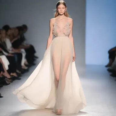 The runway model gracefully strutted down the catwalk in a stunning chiffon dress, showcasing the fabric's ethereal and delicate qualities.