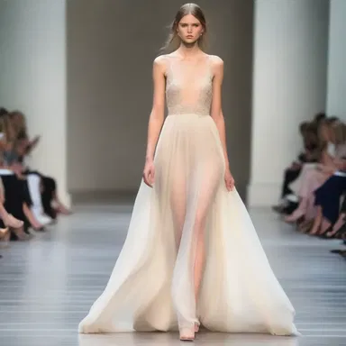 The runway model gracefully strutted down the catwalk in a stunning chiffon dress, showcasing the fabric's ethereal and delicate qualities.