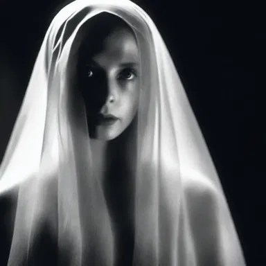 The ghostly figure in the horror movie was shrouded in a chiffon veil, adding an eerie and unsettling element to its haunting presence.