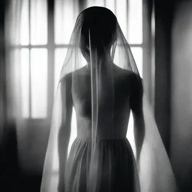 The ghostly figure in the horror movie was shrouded in a chiffon veil, adding an eerie and unsettling element to its haunting presence.