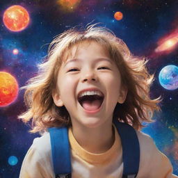 Anime style child laughing enthusiastically, surrounded by the vibrant colors and celestial bodies of the universe