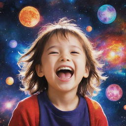 Anime style child laughing enthusiastically, surrounded by the vibrant colors and celestial bodies of the universe