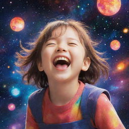 Anime style child laughing enthusiastically, surrounded by the vibrant colors and celestial bodies of the universe