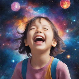 Anime style child laughing enthusiastically, surrounded by the vibrant colors and celestial bodies of the universe