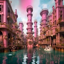 A deep underwater Barbie-Steampunk city with authoritarian architecture, a significant Trump monument dwarfing the pink cogwheel skyscrapers. Doll-like citizens in uniforms, large aqua-steam vehicles, and bubbling cobblestone streets illustrate a submerged dystopia.