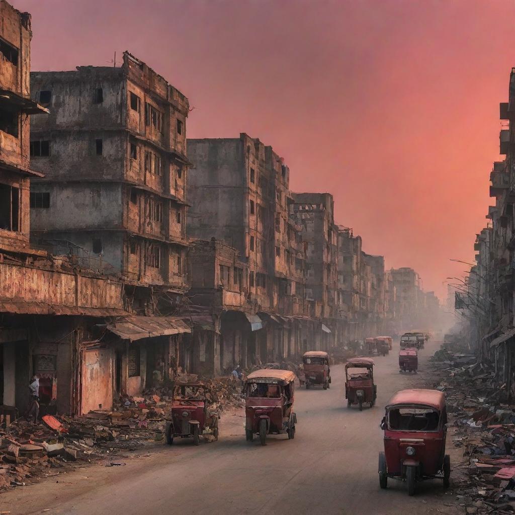 A post-apocalyptic scene of the Bangladesh city in the aftermath of World War 3. Ruined architectural landmarks, smoke rising and congested streets with abandoned rickshaws under a crimson sunset.