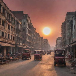 A post-apocalyptic scene of the Bangladesh city in the aftermath of World War 3. Ruined architectural landmarks, smoke rising and congested streets with abandoned rickshaws under a crimson sunset.