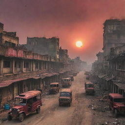 A post-apocalyptic scene of the Bangladesh city in the aftermath of World War 3. Ruined architectural landmarks, smoke rising and congested streets with abandoned rickshaws under a crimson sunset.