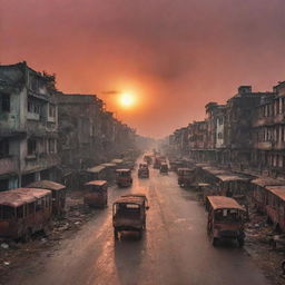 A post-apocalyptic scene of the Bangladesh city in the aftermath of World War 3. Ruined architectural landmarks, smoke rising and congested streets with abandoned rickshaws under a crimson sunset.