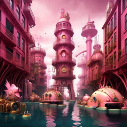 A deep underwater Barbie-Steampunk city with authoritarian architecture, a significant Trump monument dwarfing the pink cogwheel skyscrapers. Doll-like citizens in uniforms, large aqua-steam vehicles, and bubbling cobblestone streets illustrate a submerged dystopia.