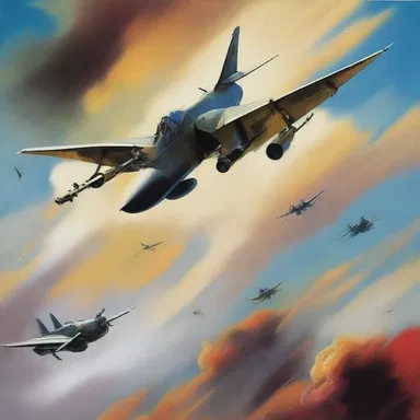 The painting depicted a dogfight between a fighter jet and a mysterious bogy in the sky.