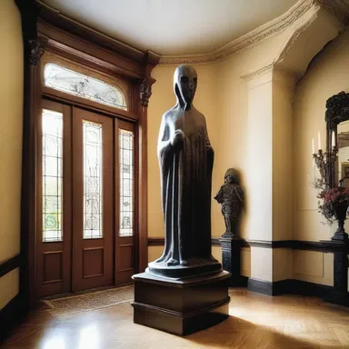 The architect incorporated a design of a bogy statue in the foyer to create a spooky ambiance.