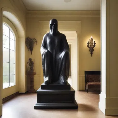 The architect incorporated a design of a bogy statue in the foyer to create a spooky ambiance.