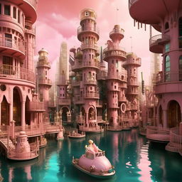 A deep underwater Barbie-Steampunk city with authoritarian architecture, a significant Trump monument dwarfing the pink cogwheel skyscrapers. Doll-like citizens in uniforms, large aqua-steam vehicles, and bubbling cobblestone streets illustrate a submerged dystopia.