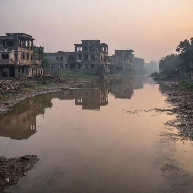 A post-apocalyptic scenery of Pabna, Bangladesh reflecting the disastrous aftermath of World War 3. Devastated traditional structures, abandoned waterways, and a hazy dusk sky.