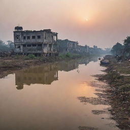 A post-apocalyptic scenery of Pabna, Bangladesh reflecting the disastrous aftermath of World War 3. Devastated traditional structures, abandoned waterways, and a hazy dusk sky.