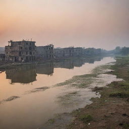 A post-apocalyptic scenery of Pabna, Bangladesh reflecting the disastrous aftermath of World War 3. Devastated traditional structures, abandoned waterways, and a hazy dusk sky.