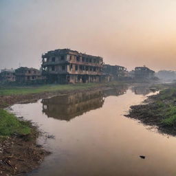 A post-apocalyptic scenery of Pabna, Bangladesh reflecting the disastrous aftermath of World War 3. Devastated traditional structures, abandoned waterways, and a hazy dusk sky.