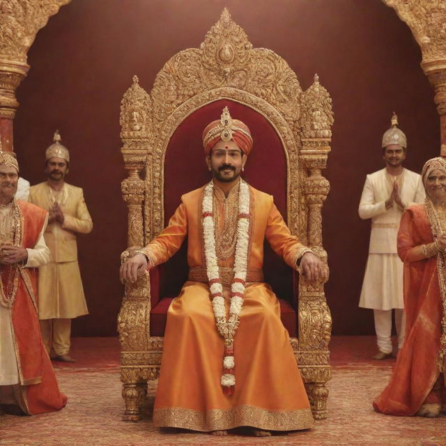 An animated portrayal of the coronation ceremony of Sambhaji Maharaj, featuring traditional Indian royal attire, grandeur throne, and a festive atmosphere.