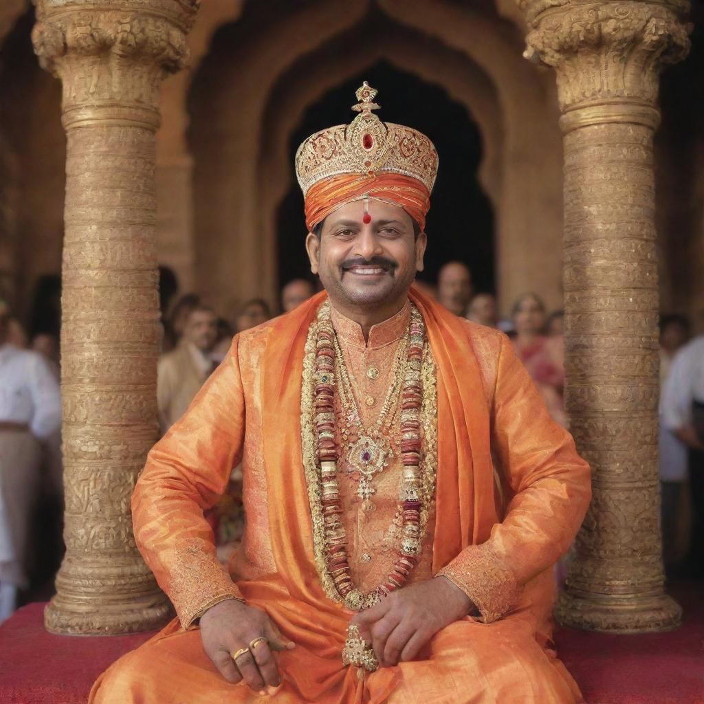 Sambhaji Maharaj during his lavish coronation festivities set in a grand old architecture showcasing vibrant, traditional Indian attire and royal ornaments filled with the mirth of jubilant spectators