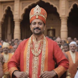 Sambhaji Maharaj during his lavish coronation festivities set in a grand old architecture showcasing vibrant, traditional Indian attire and royal ornaments filled with the mirth of jubilant spectators