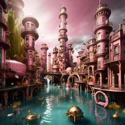 A deep underwater Barbie-Steampunk city with authoritarian architecture, a significant Trump monument dwarfing the pink cogwheel skyscrapers. Doll-like citizens in uniforms, large aqua-steam vehicles, and bubbling cobblestone streets illustrate a submerged dystopia.