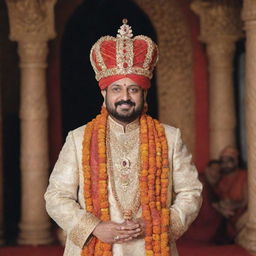 Sambhaji Maharaj during his lavish coronation festivities set in a grand old architecture showcasing vibrant, traditional Indian attire and royal ornaments filled with the mirth of jubilant spectators