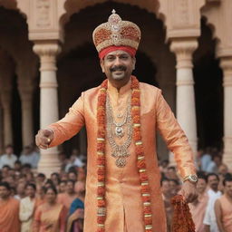 Sambhaji Maharaj during his lavish coronation festivities set in a grand old architecture showcasing vibrant, traditional Indian attire and royal ornaments filled with the mirth of jubilant spectators