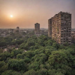 A dystopian vision of the city of Rajshahi, Bangladesh after a fictional World War 4. Dilapidated structures, deserted public squares, overgrown foliage, and diminished iconic Padma river under a melancholic sunset.