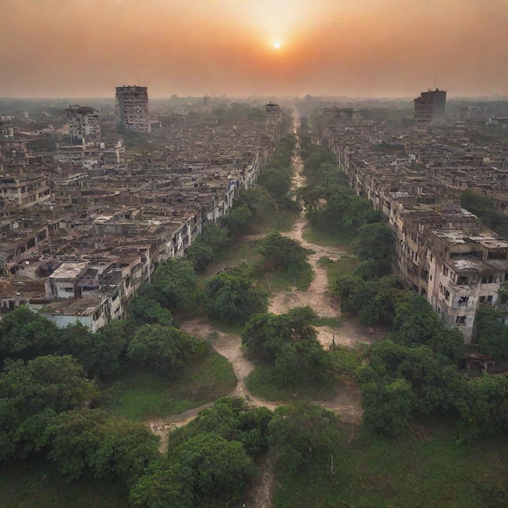 A dystopian vision of the city of Rajshahi, Bangladesh after a fictional World War 4. Dilapidated structures, deserted public squares, overgrown foliage, and diminished iconic Padma river under a melancholic sunset.