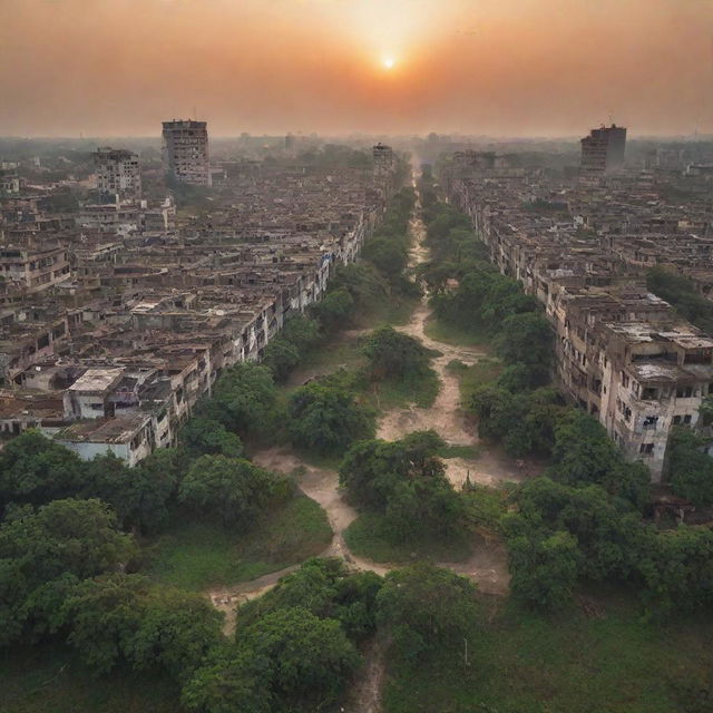 A dystopian vision of the city of Rajshahi, Bangladesh after a fictional World War 4. Dilapidated structures, deserted public squares, overgrown foliage, and diminished iconic Padma river under a melancholic sunset.