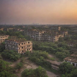 A dystopian vision of the city of Rajshahi, Bangladesh after a fictional World War 4. Dilapidated structures, deserted public squares, overgrown foliage, and diminished iconic Padma river under a melancholic sunset.