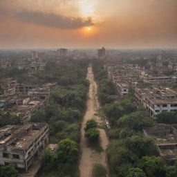 A dystopian vision of the city of Rajshahi, Bangladesh after a fictional World War 4. Dilapidated structures, deserted public squares, overgrown foliage, and diminished iconic Padma river under a melancholic sunset.