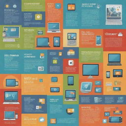 Create a visually appealing poster featuring diverse technology devices symbolizing ICT (Information and Communication Technology) uses. It should include expressive info-graphics, bold colors, and modern fonts to depict the benefits and applications of ICT in day-to-day life.