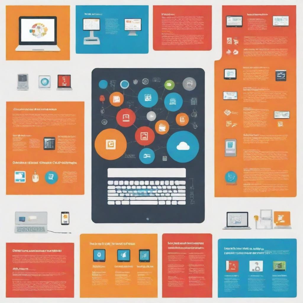 Create a visually appealing poster featuring diverse technology devices symbolizing ICT (Information and Communication Technology) uses. It should include expressive info-graphics, bold colors, and modern fonts to depict the benefits and applications of ICT in day-to-day life.