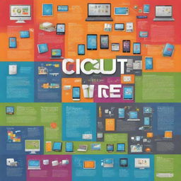 Create a visually appealing poster featuring diverse technology devices symbolizing ICT (Information and Communication Technology) uses. It should include expressive info-graphics, bold colors, and modern fonts to depict the benefits and applications of ICT in day-to-day life.