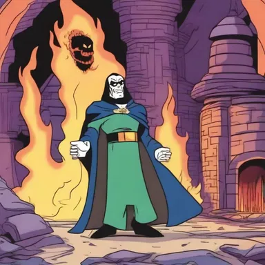 In the cartoon, the villain's lair smoldered ominously after the hero's attack.
