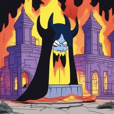 In the cartoon, the villain's lair smoldered ominously after the hero's attack.