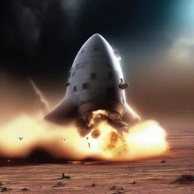 The spaceship crash landed on a distant planet, its engines smoldering as the crew floated through space.