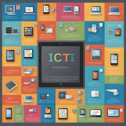 Create a visually appealing poster featuring diverse technology devices symbolizing ICT (Information and Communication Technology) uses. It should include expressive info-graphics, bold colors, and modern fonts to depict the benefits and applications of ICT in day-to-day life.