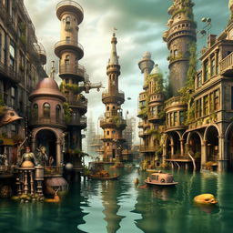 A fully submerged, lost city merging Barbie and Steampunk aesthetics with authoritarian architecture. Dominating the seascape is a monumental statue of Donald Trump. The city is surrounded by aquatic life, with doll-like citizens and steam vehicles moving in the water-filled streets.