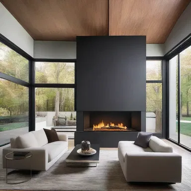 The modern architectural design featured a fireplace with a smoldering fire, adding a cozy and sophisticated touch to the living room.