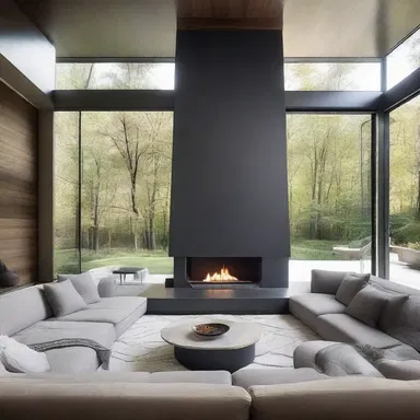 The modern architectural design featured a fireplace with a smoldering fire, adding a cozy and sophisticated touch to the living room.