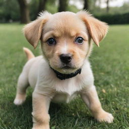 An adorable, playful puppy with shiny coat and bright, expressive eyes in a lush, green park