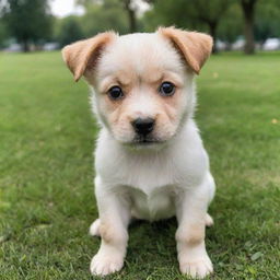 An adorable, playful puppy with shiny coat and bright, expressive eyes in a lush, green park