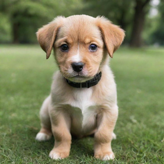 An adorable, playful puppy with shiny coat and bright, expressive eyes in a lush, green park