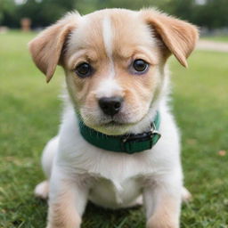 An adorable, playful puppy with shiny coat and bright, expressive eyes in a lush, green park